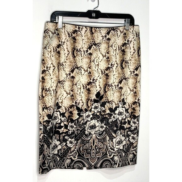 White House Black Market WHBM Snake Print Floral Skirt Lined Tan Black Size 8 - Picture 1 of 7